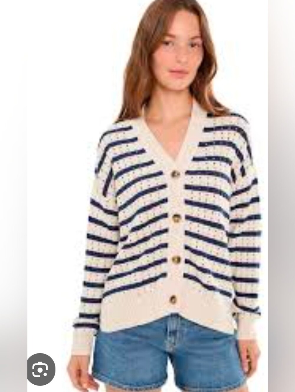 Striped V-Neck Button Front Women's Cardigan Sweater - Cream & Navy